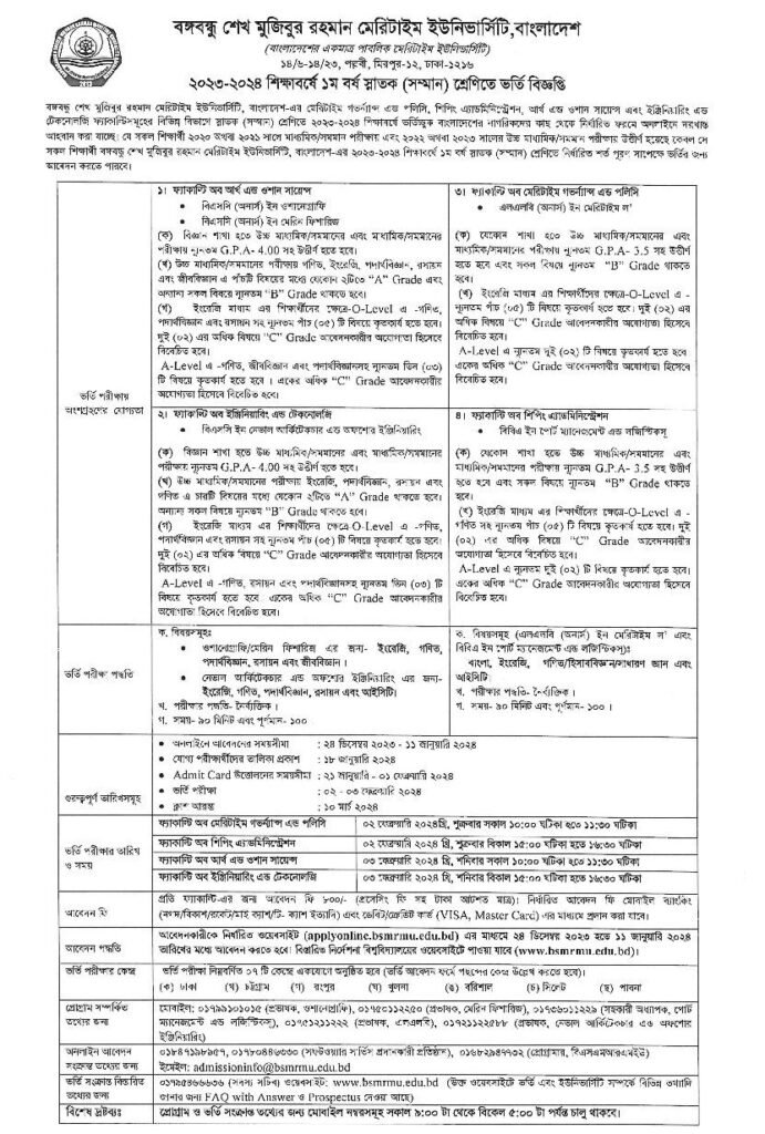 BSMRMU Admissio Circular 2024