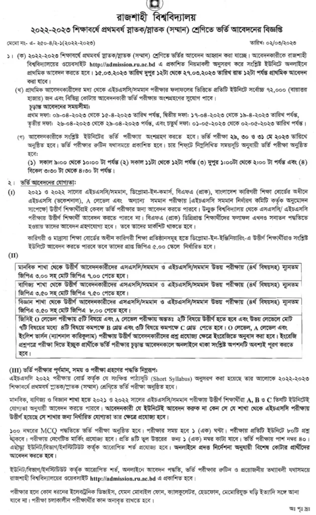 Rajshahi University Admission Circular