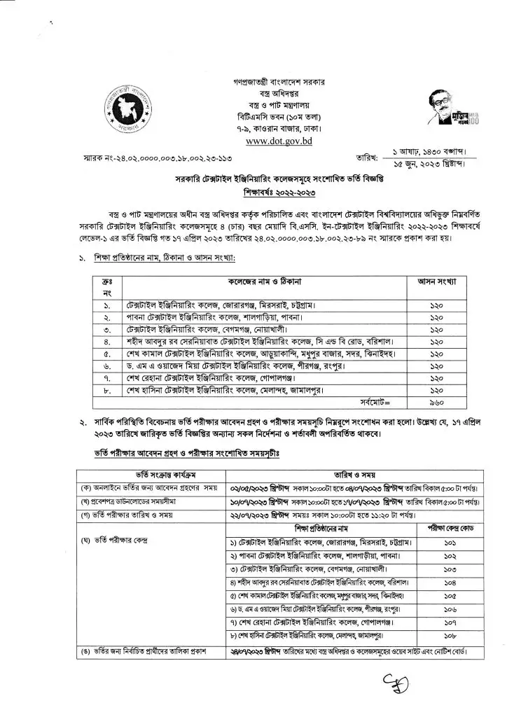 Textile College Under BUTEX Admission Circular